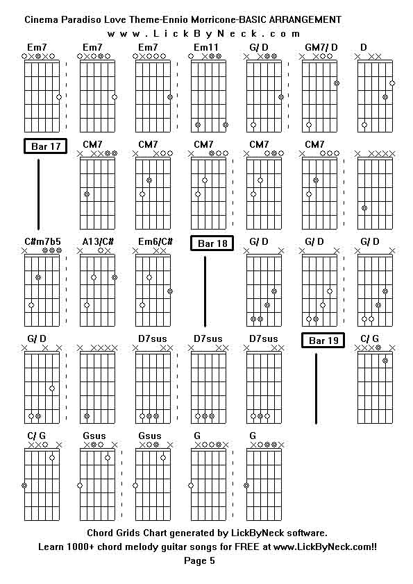 Chord Grids Chart of chord melody fingerstyle guitar song-Cinema Paradiso Love Theme-Ennio Morricone-BASIC ARRANGEMENT,generated by LickByNeck software.